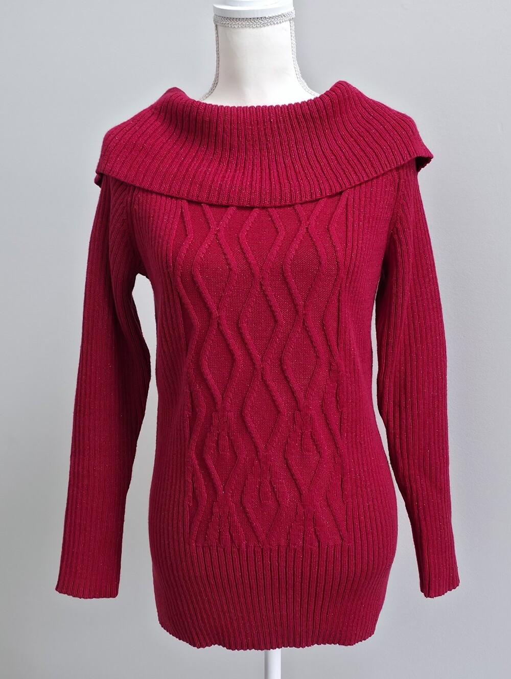 Style & Co. | Red Metallic Cowl Neck Cable Knit Sweater Size Large